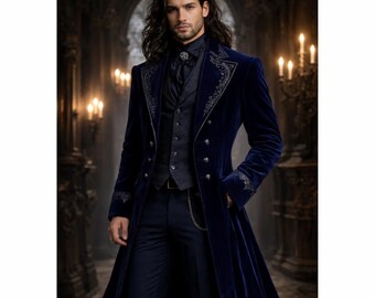 Men’s Blue Velvet Gothic Wedding Coat – Victorian Tailcoat Embroidered Long Gothic Formal Jacket- Steampunk Outfit Dark Academia Prince Coat