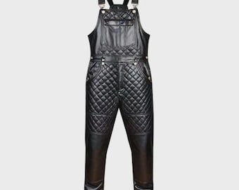 Men’s Black Real Leather Overalls Quilted Biker Dungarees | Motorcycle Leather Jumpsuit | Gothic Punk Outfit | Adjustable Strap Coveralls