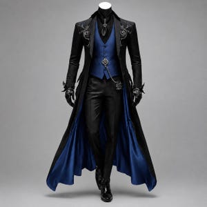 May include: A black long coat with silver embroidery on the shoulders, worn over a blue vest and black trousers. The coat features a vibrant blue lining. A silver chain accessory is attached to the vest. Black gloves and black boots complete the set.