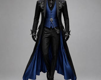 Viktorianischer Gothic-Herrenmantel, schwarz-blauer Frack – Vampirlord-Jacke – Steampunk-Mantel, formeller Aristokratenmantel – Renaissance-Festival-Kostüm