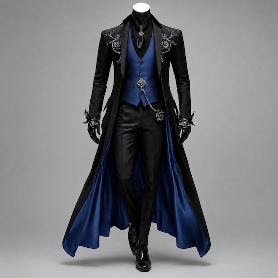 Victorian Gothic Men’s Coat Black Blue Tailcoat – Vampire Lord Jacket – Steampunk Formal Aristocrat Long Coat – Renaissance Festival Costume