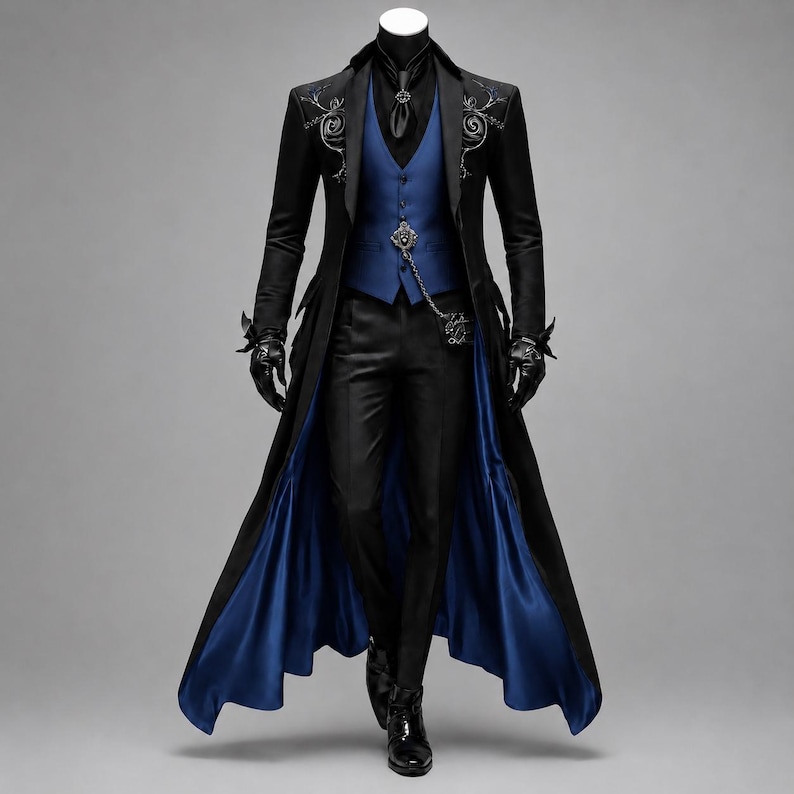 May include: A black long coat with silver embroidery on the shoulders, worn over a blue waistcoat and black trousers. The coat features a vibrant blue lining. A silver chain accessory is attached to the waistcoat. Black gloves and black boots complete the set.