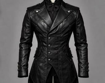 Gothic Men's Genuine Leather Military Tailcoat Victorian Long Black Tailcoat Steampunk Jacket Double Breasted Coat