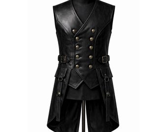 Men’s Black Leather Steampunk Vest Coat, Gothic Victorian Tailcoat, Double Breasted Waistcoat, Pirate Costume, Renaissance, Cosplay Jacket