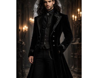 Men’s Black Velvet Gothic Wedding Coat – Victorian Tailcoat Embroidered Long Gothic Formal Jacket,Steampunk Outfit Dark Academia Prince Coat