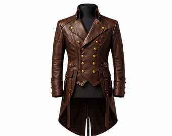 New Men's Genuine Leather Military Tailcoat Gothic Victorian Long Tailcoat Steampunk Jacket Double Breasted Brown Coat