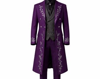 Men’s Purple Victorian Suit – Gothic Steampunk Long Embroidered Coat | Formal Groom Coat | Vampire Wedding Outfit | Vintage Gothic Jacket