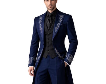 Men’s Navy Blue Victorian Tailcoat – Gothic Steampunk Embroidered Frock Suit – Luxury Tuxedo Jacket  – Wedding Prom Cosplay Vampire Costume