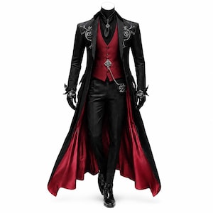 Zwart-rode vampierrok voor heren – Victoriaanse gotische jas – Steampunk-katoen aristocraatjas – Dracula-cosplay Renaissance-kledingkostuum