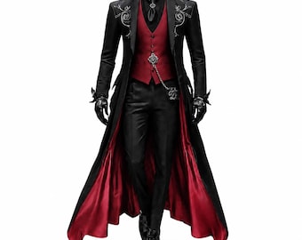 Schwarz Roter Vampir Herren Frack – Gothic Viktorianischer Mantel – Steampunk Baumwolle Aristokrat Jacke – Dracula Cosplay Renaissance Kostüm