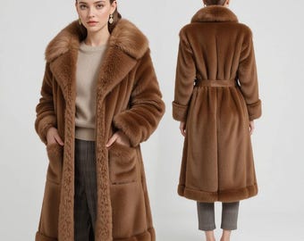 Long Brown Mink Faux Fur Coat for Women – Luxury Winter Maxi Coat with Fur Collar, Plush Teddy Coat, Elegant Warm Outerwear Gift for Her