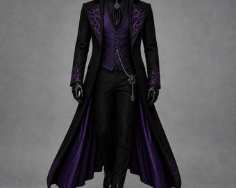 Men’s Gothic Victorian Tailcoat Black Coat Purple Demon Party Set – Steampunk Cosplay Vampire Long Trench Coat, Wedding Medieval Costume