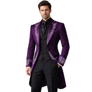 Paarse Victoriaanse slipjas heren katoenen pak – gotische steampunk geklede jas – geborduurd formeel jasje – bruiloft bal cosplay vampier outfit