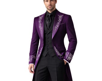 Men’s Purple Victorian Tailcoat Cotton Suit – Gothic Steampunk Frock Coat – Embroidered Formal Jacket – Wedding Prom Cosplay Vampire Outfit