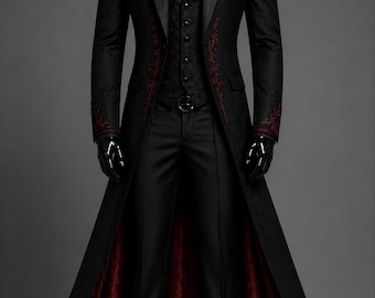 May include: A black long coat featuring red floral embroidery on the lapels and cuffs, paired with a black vest, black dress shirt, dark red necktie, and black trousers. The coat has a deep red lining visible along the interior hemline.