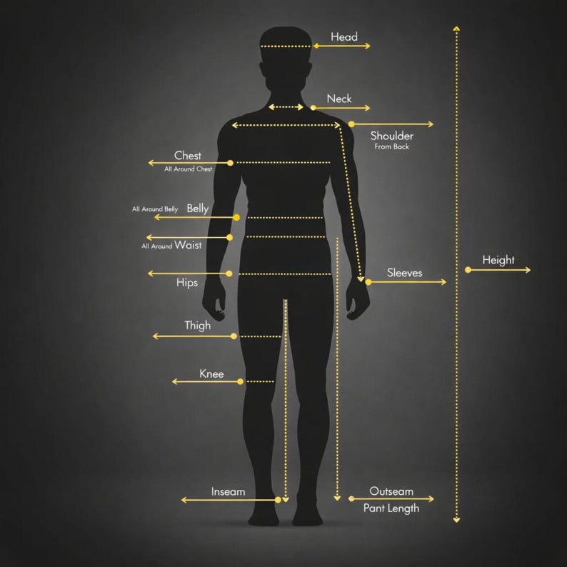Op de afbeelding: Silhouet van een persoon met meetlabels voor kleding. Labels zijn onder meer hoofd, nek, borst, taille, heupen, dij, knie, binnenbeenlengte, mouwen en lengte. De achtergrond is donkergrijs.