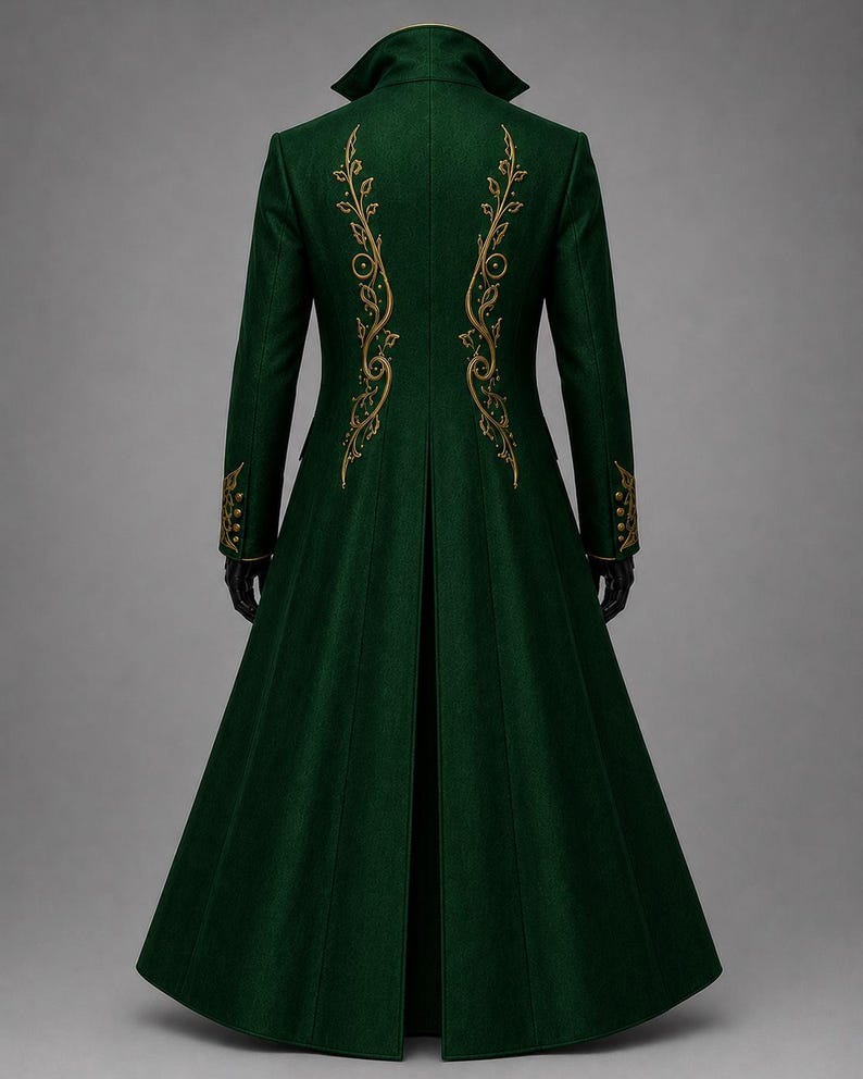 May include: A long, dark green coat featuring a high collar and a flared skirt. The back of the garment is adorned with intricate gold embroidery in a scrolling vine pattern. The sleeves also feature matching gold embroidery at the cuffs.