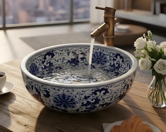 Lavabo de cerámica azul y blanco con grifo – Lavabo redondo hecho a mano para baño, lavabo de encimera, lavabo de tocador de porcelana china