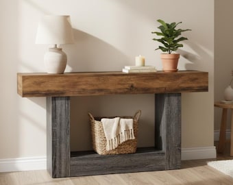 Mesa consola estilo granja – Mesa de entrada rústica de madera de 63" de Tribesigns con base en forma de U de 2 niveles, mesa estrecha para sofá detrás del sofá, pasillo