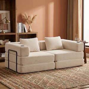 Convertible Corduroy Sofa Bed 2-Seater | Beige Modular Loveseat | No Assembly Soft Velvet Floor Couch for Living Room | Space-Saving Futon