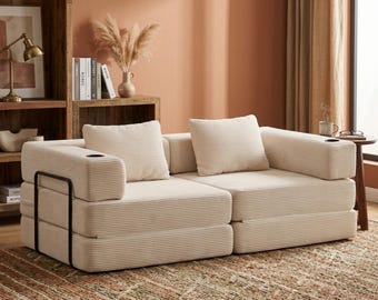 Sofá cama convertible de pana de 2 plazas / Sofá modular beige de dos plazas / Sofá de terciopelo suave para sala de estar (sin necesidad de montaje) / Futón que ahorra espacio