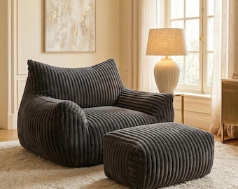 Luxury Corduroy Bean Bag Sofa Chair with Ottoman, Modern Lounge Floor Chair, Cozy Reading Seat, Premium Plush Home Decor