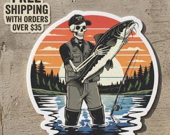 Sticker - Skeleton Angler holding Catfish | Fishing decal, retro sunset outdoors