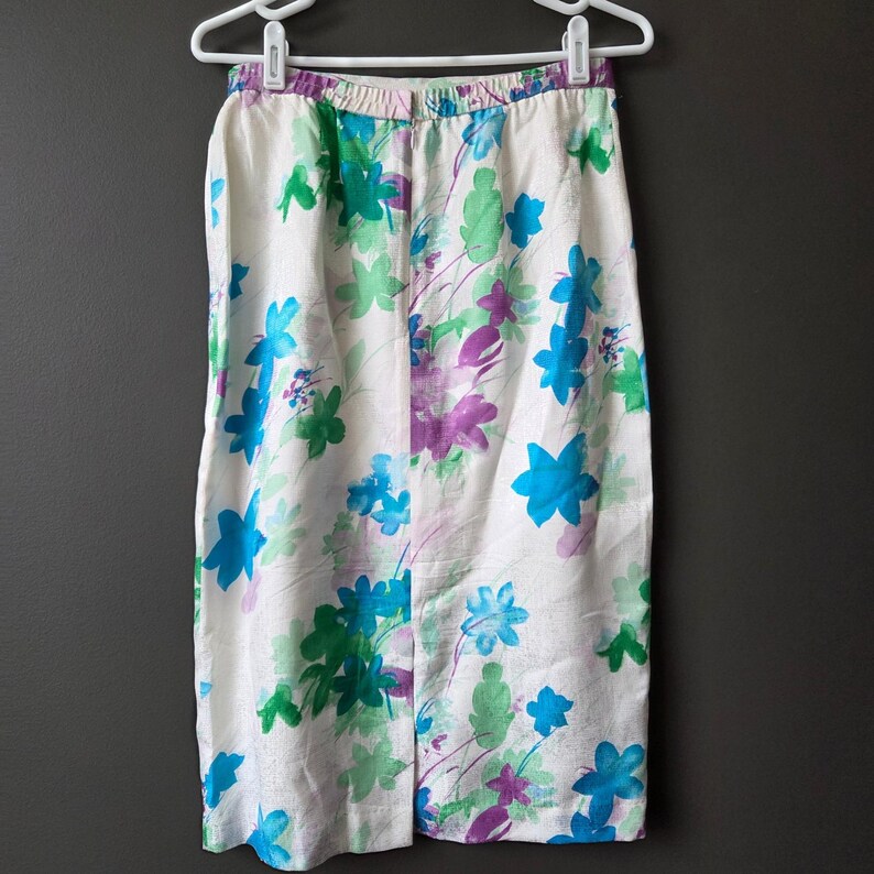Vintage Adrianna Papell 100% Silk Floral Skirt Set Blue Green Purple Womens 8 image 8