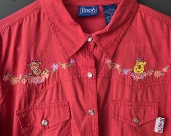 Vintage Winnie the Pooh Jerry Leigh Disney Orange Embroidered Western Shirt Lg