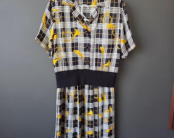 Adrianna Papell Vintage 100% Silk Wool Plaid Horn Print 2 Piece Skirt Set Sz 10