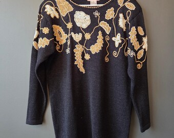 Vintage Jaclyn Smith Black Sparkle Floral Embellished Sweater Top Large 80s 90s