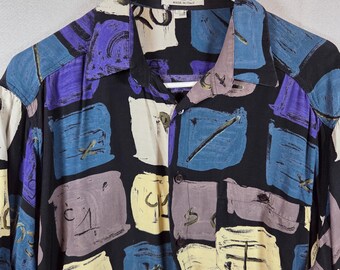 Vintage 90s Emme Uno Abstract Block Print Viscose Shirt Made in Italy S Artsy