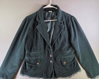 Pyramid Collection Green Corduroy Lace Trim Blazer Jacket Victorian Academia L