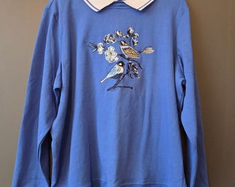Vtg Adriana Delalfield Embroidered Bird Flower Blue Crewneck Sweatshirt Size XL