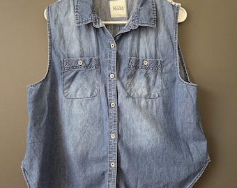 Mudd Women's Chambray Vest Size XL Y2K Crochet Knit Detail Button Front Cowgirl