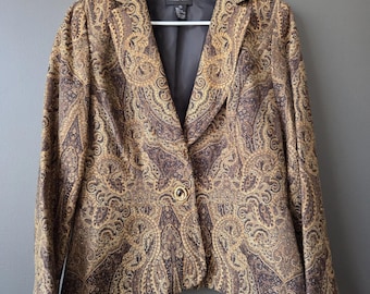 Vtg Focus 2000 Women's Size 10 Jacquard Tapestry Blazer Jacket Brown Gold Brooch
