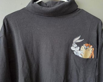 Vintage 1991 Acme Clothing Co Looney Tunes Bugs Bunny Taz Turtleneck Black L
