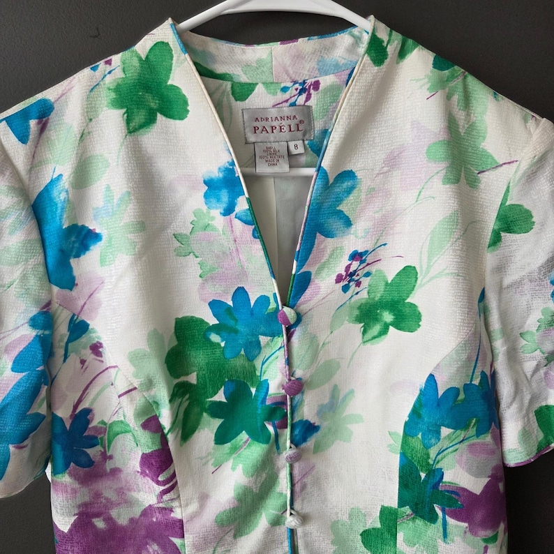 Vintage Adrianna Papell 100% Silk Floral Skirt Set Blue Green Purple Womens 8 image 4