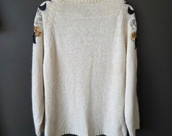 Vintage Croquet Club Cream Sequin Mock Neck Sweater S Silk Wool Angora Celestial