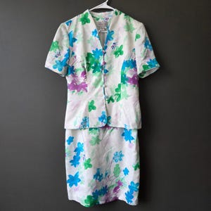 Vintage Adrianna Papell 100% Silk Floral Skirt Set Blue Green Purple Womens 8 image 1