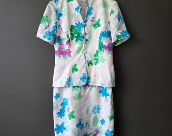 Vintage Adrianna Papell 100% Silk Floral Skirt Set Blue Green Purple Womens 8