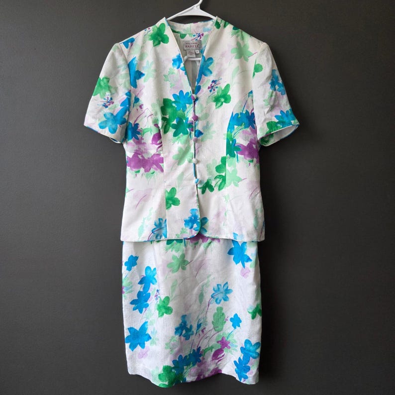 Vintage Adrianna Papell 100% Silk Floral Skirt Set Blue Green Purple Womens 8 image 1
