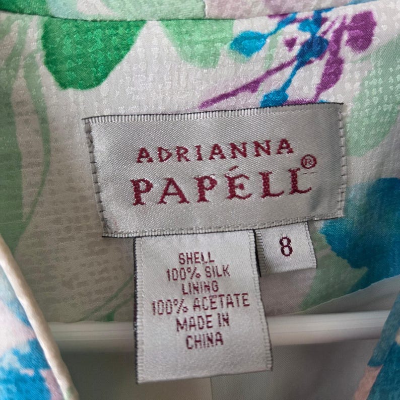 Vintage Adrianna Papell 100% Silk Floral Skirt Set Blue Green Purple Womens 8 image 5