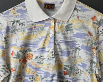Vtg Bobby Jones Mens Small Polo Shirt Tropical Golf Print Cotton Made in Italy