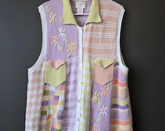 Vintage 1997 Susan Bristol Hand Knit Embroidered Floral Vest XL Pastel Cottage