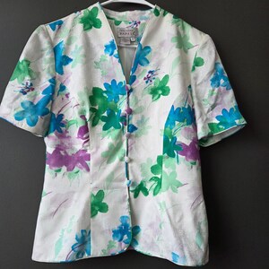 Vintage Adrianna Papell 100% Silk Floral Skirt Set Blue Green Purple Womens 8 image 3