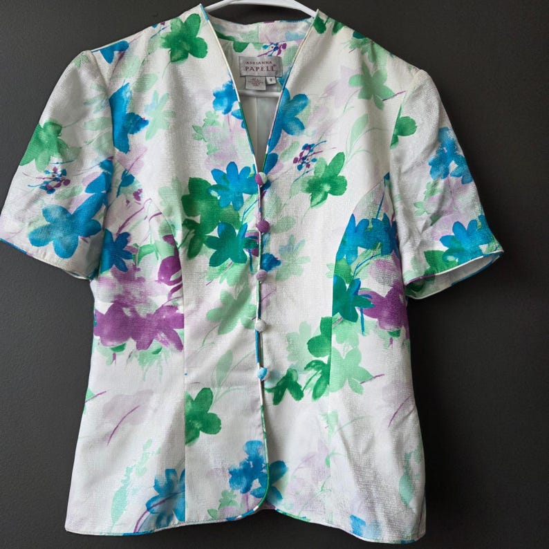 Vintage Adrianna Papell 100% Silk Floral Skirt Set Blue Green Purple Womens 8 image 3