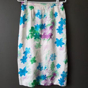 Vintage Adrianna Papell 100% Silk Floral Skirt Set Blue Green Purple Womens 8 image 7