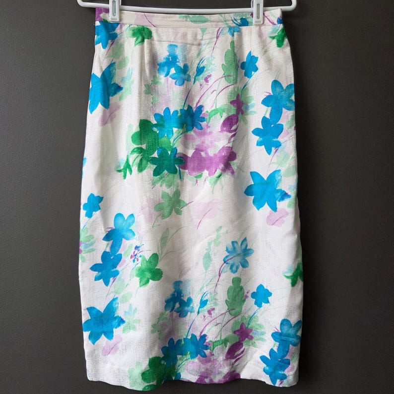 Vintage Adrianna Papell 100% Silk Floral Skirt Set Blue Green Purple Womens 8 image 7