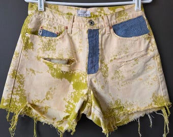 Vintage 90s Guess Acid Wash Distressed Denim Shorts Lime Green Floral Patch 29
